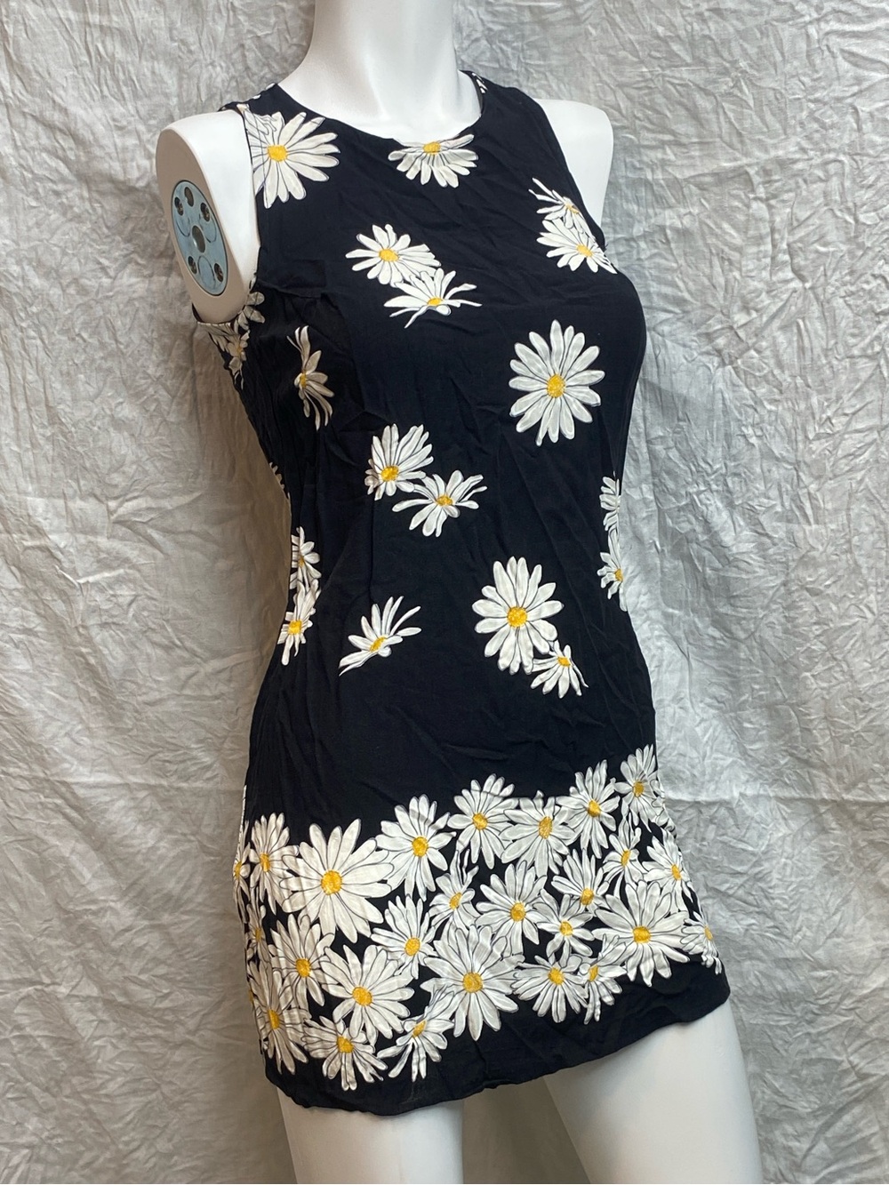 Vintage 90s Accent Sleeveless Black Daisy Print Dress